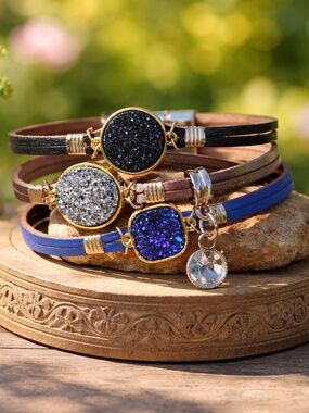 Metallic Faux Leather Druzy Bracelet  | Crystal Drop | Magnetic Clasp | Handmade